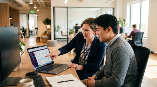An instructor leading role-based ERP training for a small group of employees