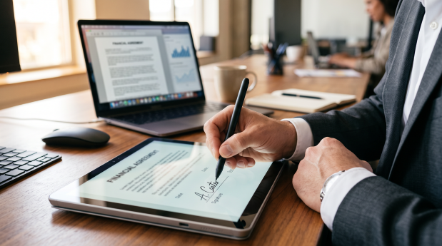 A consultant and client agreeing project scope and deliverables in a meeting