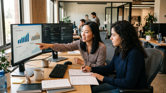 Two consultants building ERP workflows and settings together at a monitor