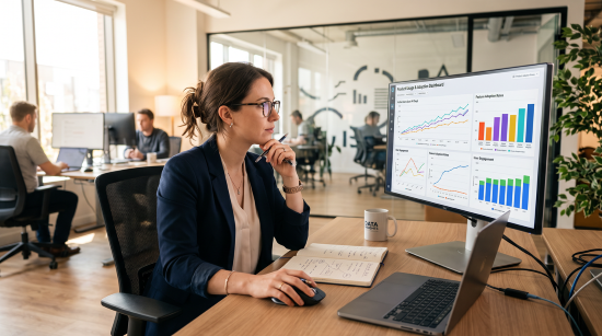 A consultant and client discussing ongoing ERP improvements in a modern office