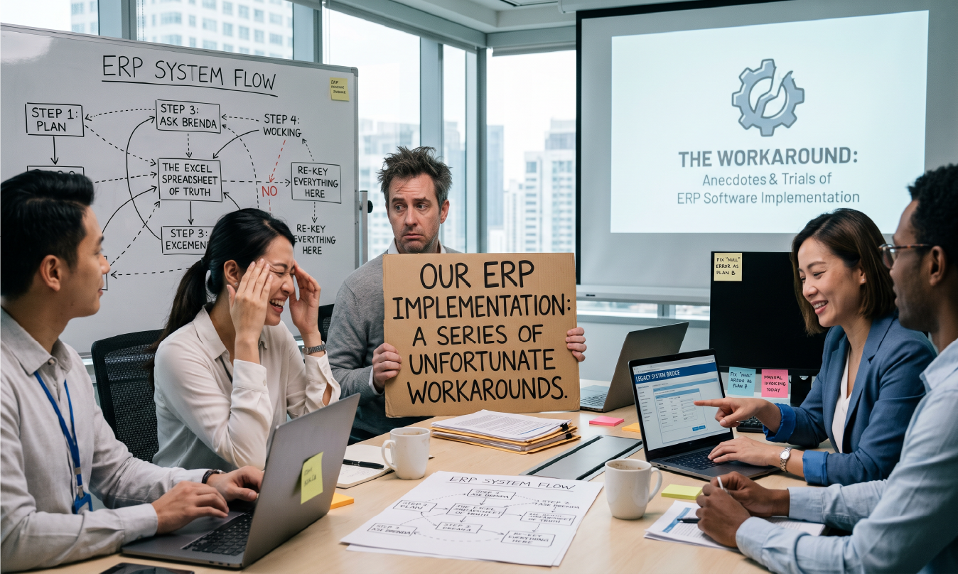 An ERP project team laughing at a whiteboard of workarounds while a colleague holds a sign reading “Our ERP implementation: a series of unfortunate workarounds”