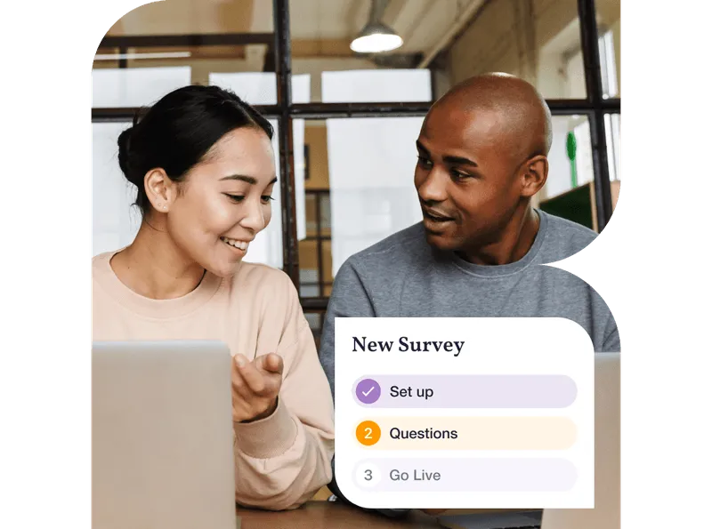Two co-workers talking sitting side by side and a UI element on top of the image
