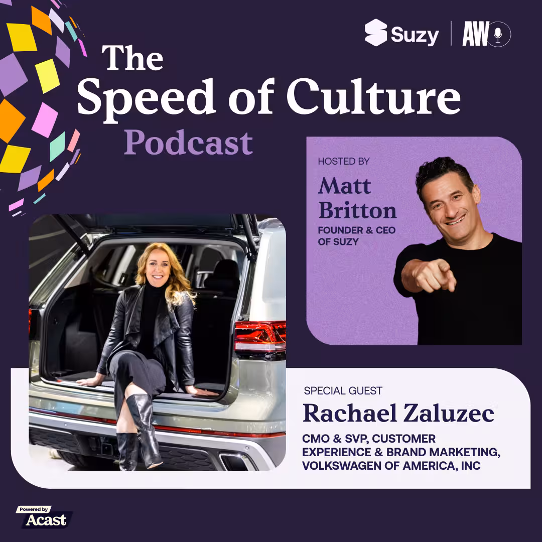Promotional graphic for The Speed of Culture Podcast by Suzy, hosted by Matt Britton, featuring special guest Rachael Zaluzec, CMO and SVP of Customer Experience and Brand Marketing at Volkswagen of America, shown sitting in the open trunk of a Volkswagen vehicle.