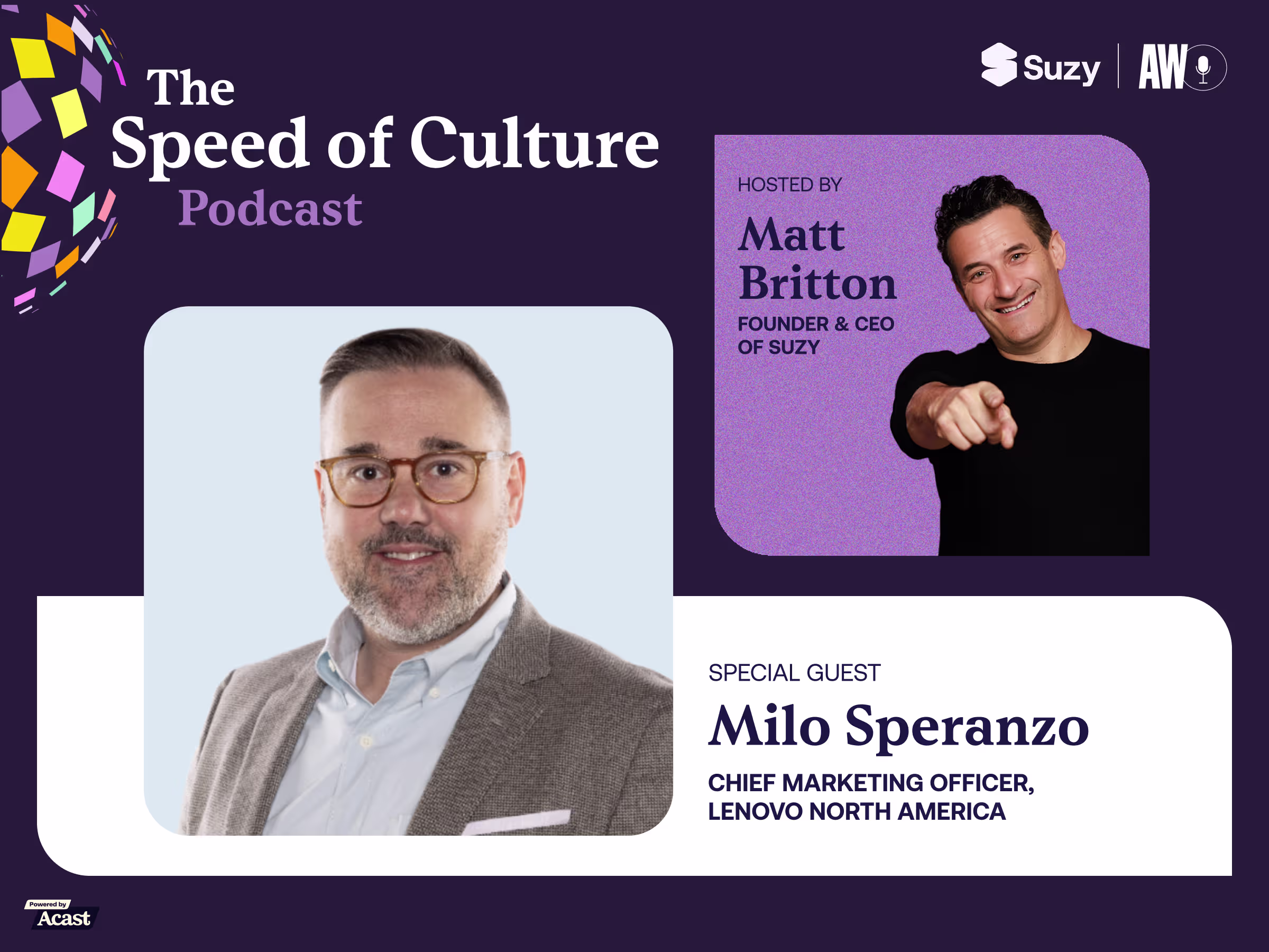 Promotional graphic for The Speed of Culture Podcast by Suzy featuring host Matt Britton, Founder & CEO of Suzy, and special guest Milo Speranzo, Chief Marketing Officer of Lenovo North America.