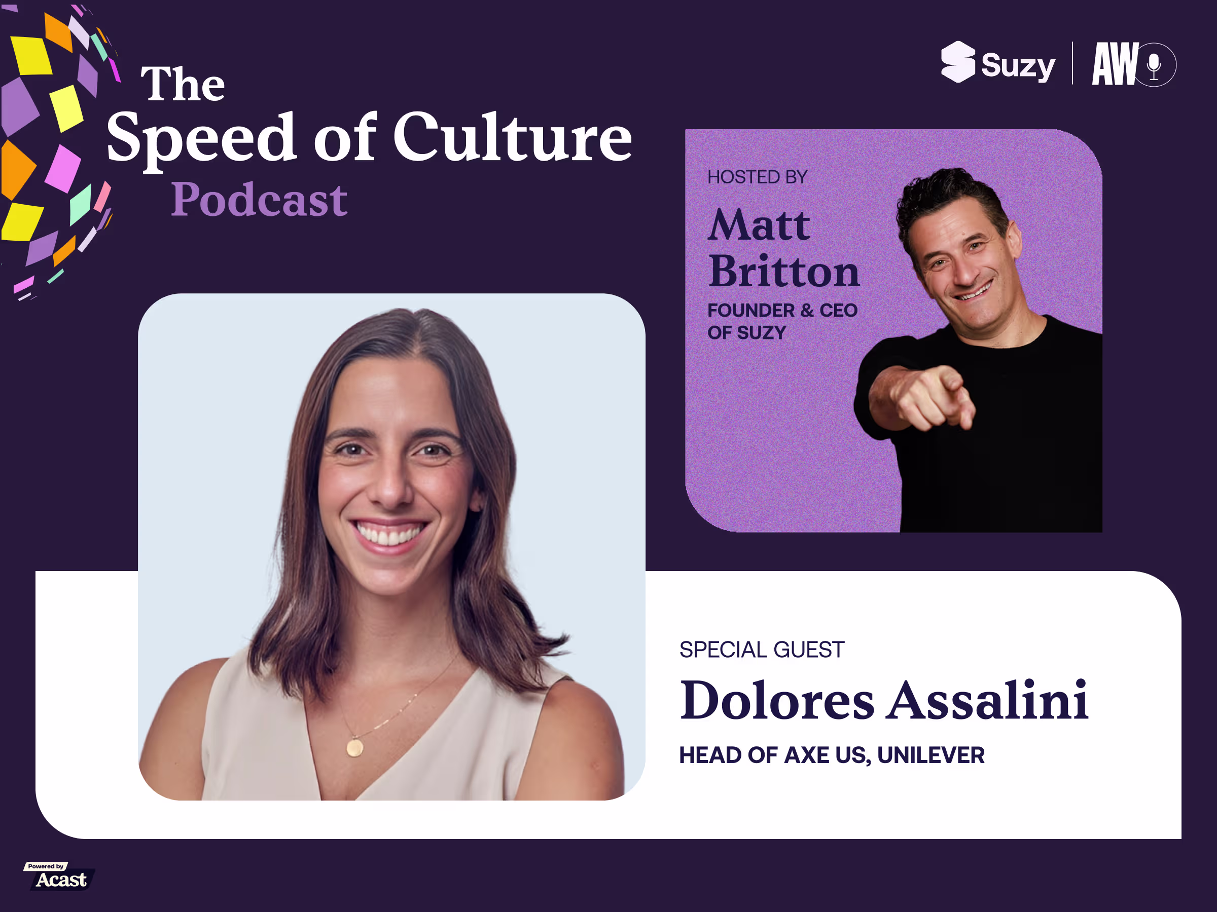 The Speed of Culture Podcast episode graphic featuring host Matt Britton, Founder and CEO of Suzy, and special guest Dolores Assalini, Head of Axe US at Unilever, powered by Acast