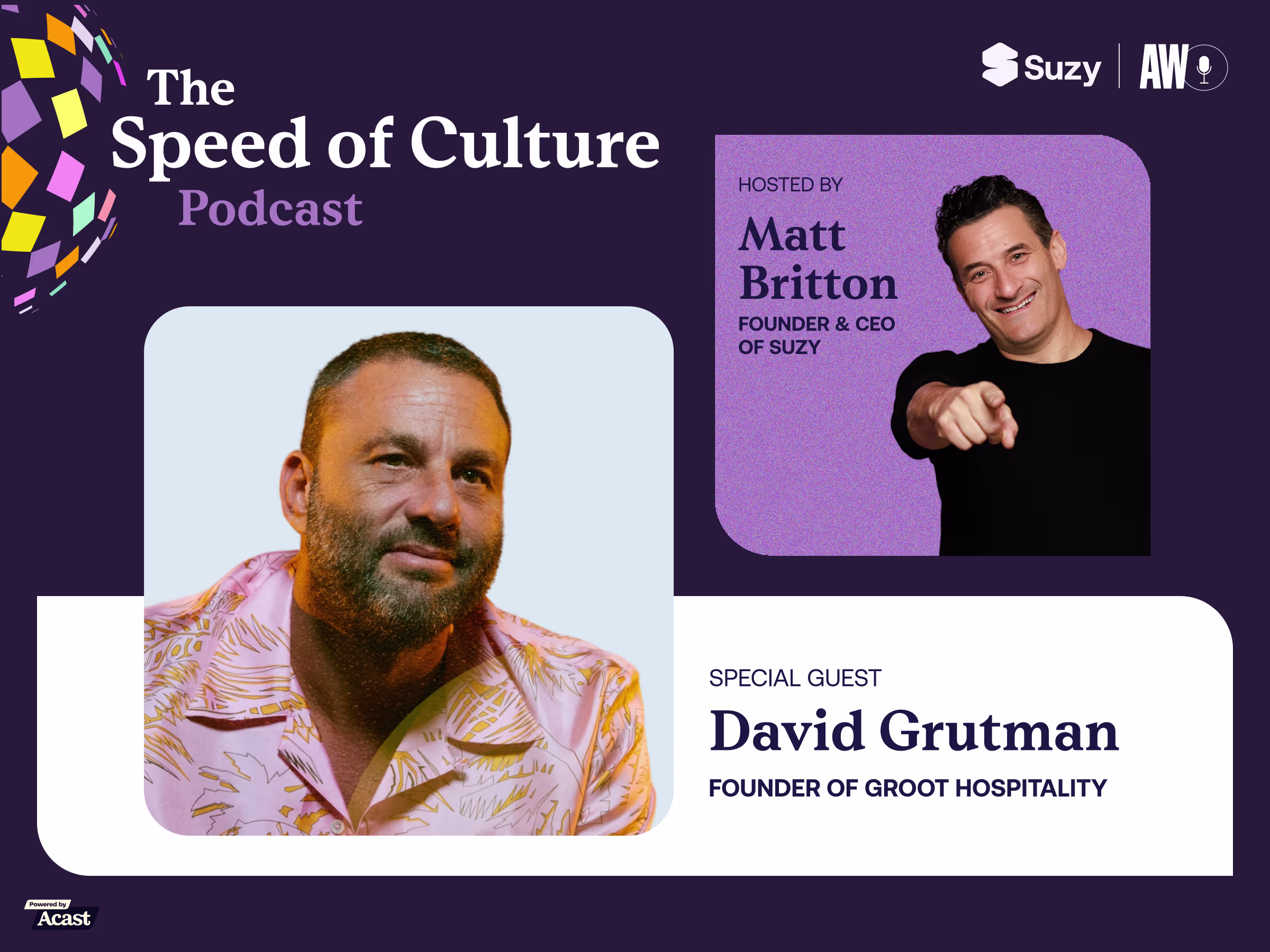 The Speed of Culture Podcast episode graphic featuring host Matt Britton, Founder and CEO of Suzy, and special guest David Grutman, one of the most influential entrepreneurs in modern hospitality.