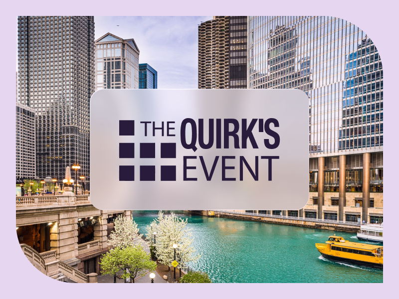 The Quirk's Event logo overlaid on a Chicago skyline and riverwalk scene