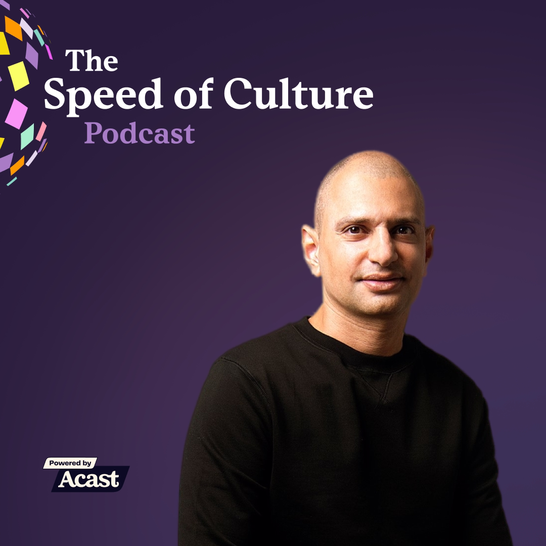 Speed of Culture Podcast episode graphic featuring host Matt Britton, Founder and CEO of Suzy, with special guest Rustom Dastoor, EVP of Marketing and Communications, Americas at Mastercard.