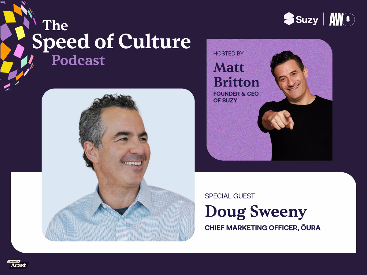 The Speed of Culture Podcast promotional graphic featuring host Matt Britton, Founder and CEO of Suzy, with special guest Doug Sweeny, Chief Marketing Officer of Oura.