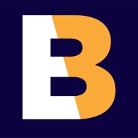 Logo featuring a stylized letter B split vertically in white and orange on a dark blue background.