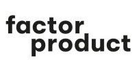 Text logo with the words 'factor product' in bold black lowercase letters.