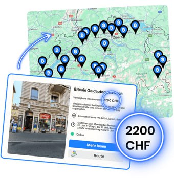 Карта анонимных криптовалютных банкоматов с указанием баланса наличности рядом с одним из них