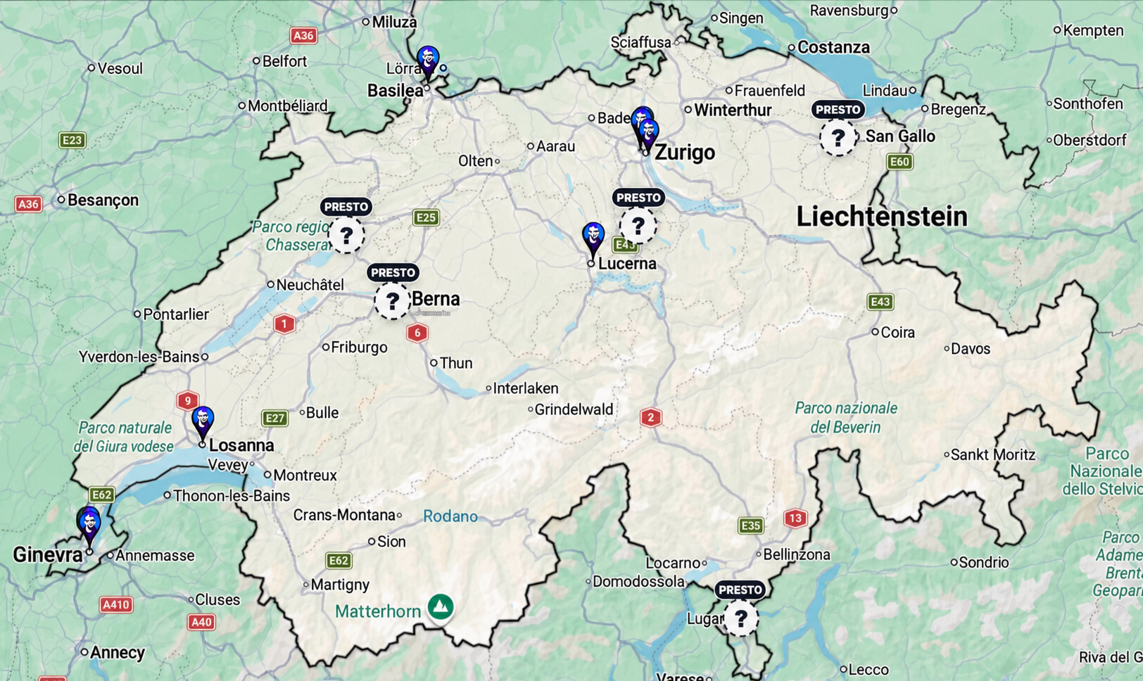 Mappa degli ATM Bitcoin in Svizzera con le ubicazioni dei dispositivi a Zurigo, Basilea, Losanna, Ginevra, Lucerna e in altre città.