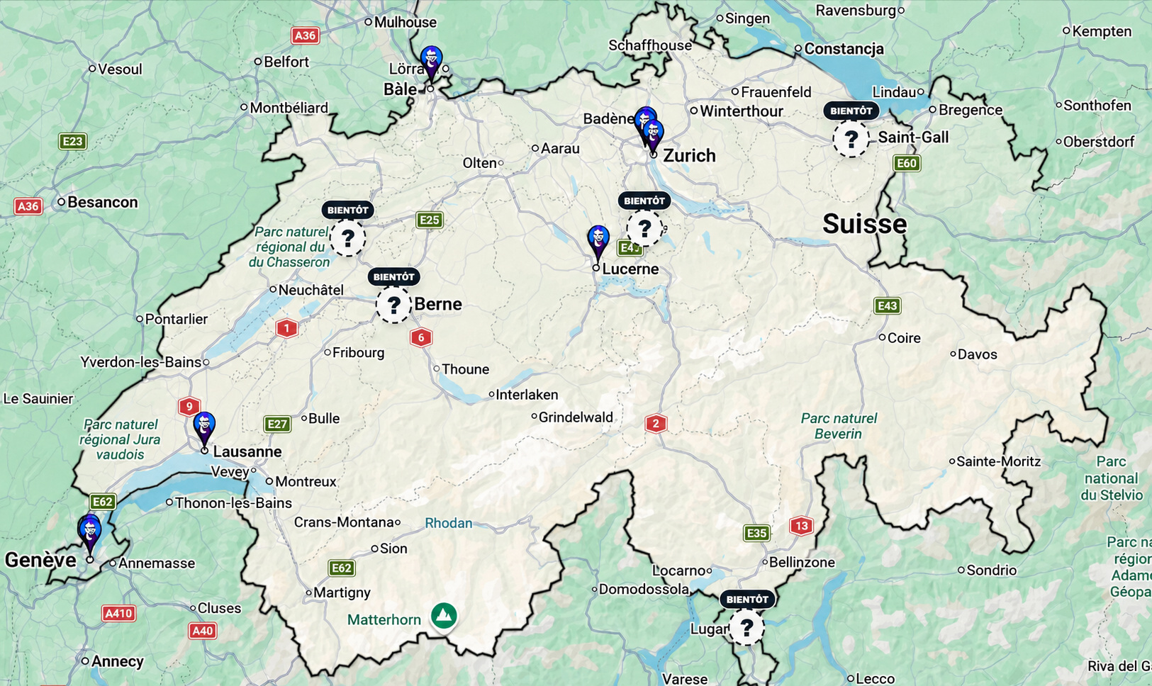 Carte des Bitcoin ATM en Suisse avec les emplacements des appareils à Zurich, Bâle, Lausanne, Genève, Lucerne et dans d’autres villes.
