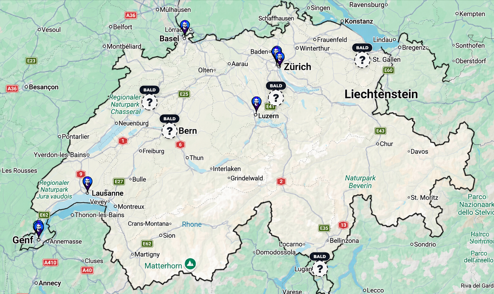 Karte der Bitcoin-Geldautomaten in der Schweiz mit Standorten in Zürich, Basel, Lausanne, Genf, Luzern und anderen Städten.
