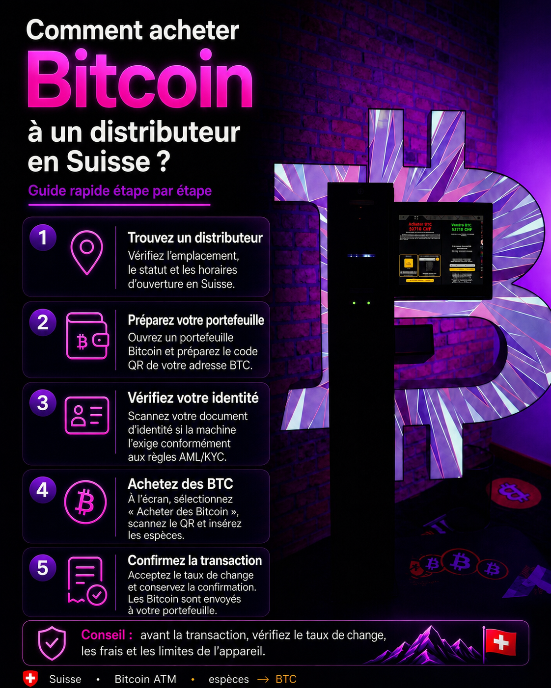 Infographie : comment acheter du Bitcoin dans un Bitcoin ATM en Suisse – guide étape par étape.