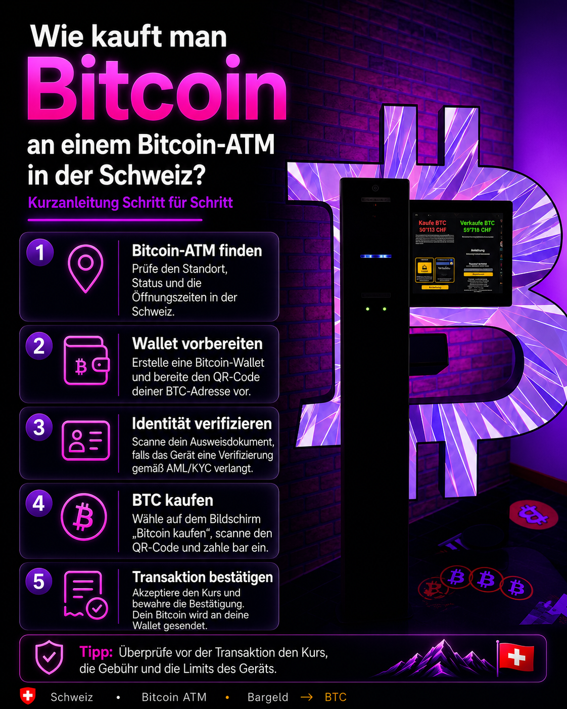 Infografik: So kaufen Sie Bitcoin an einem Bitcoin-Automaten in der Schweiz – eine Schritt-für-Schritt-Anleitung.