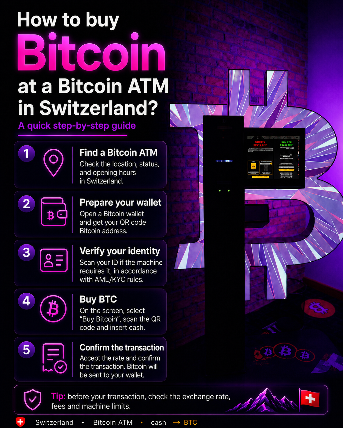 Infographic: how to buy Bitcoin at a Bitcoin ATM in Switzerland — step-by-step guide.