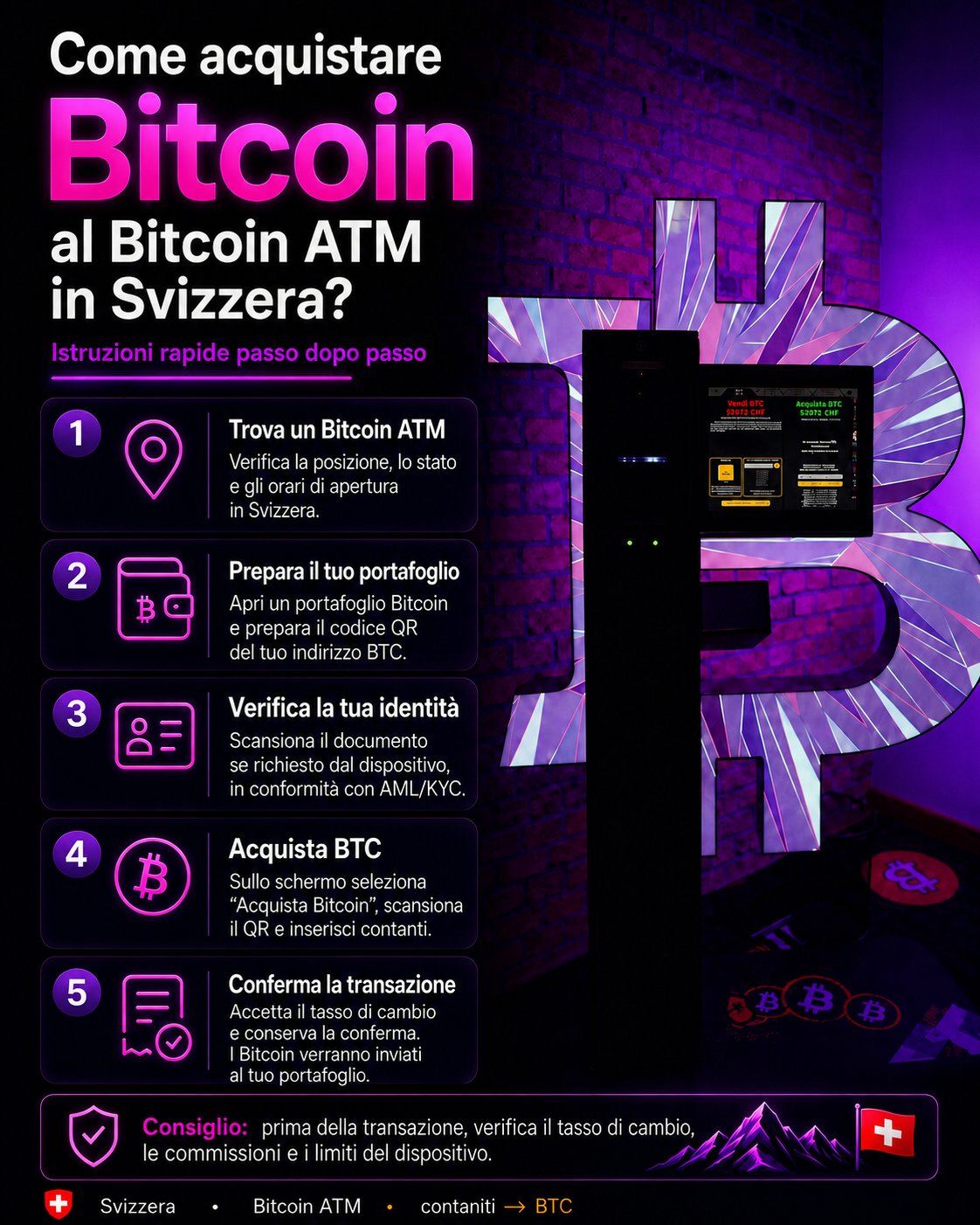 Infografica: come acquistare Bitcoin presso un bancomat in Svizzera – guida passo dopo passo.