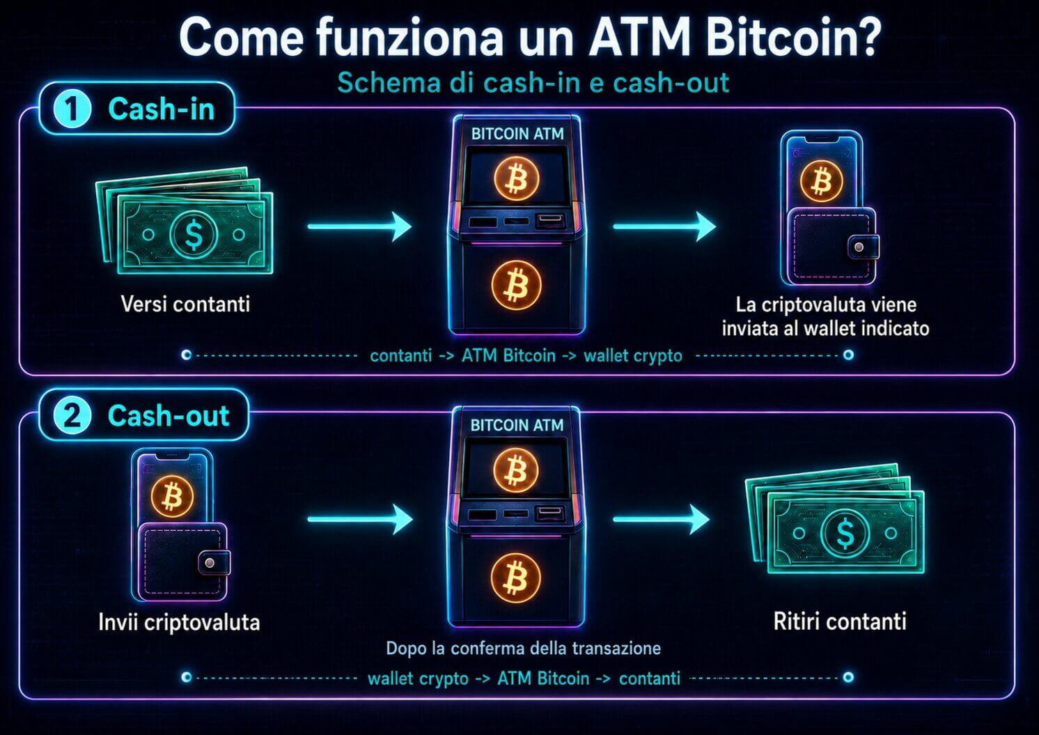 Schema passo dopo passo dell'operazione con criptovalute presso un bancomat Bitcoin in Svizzera