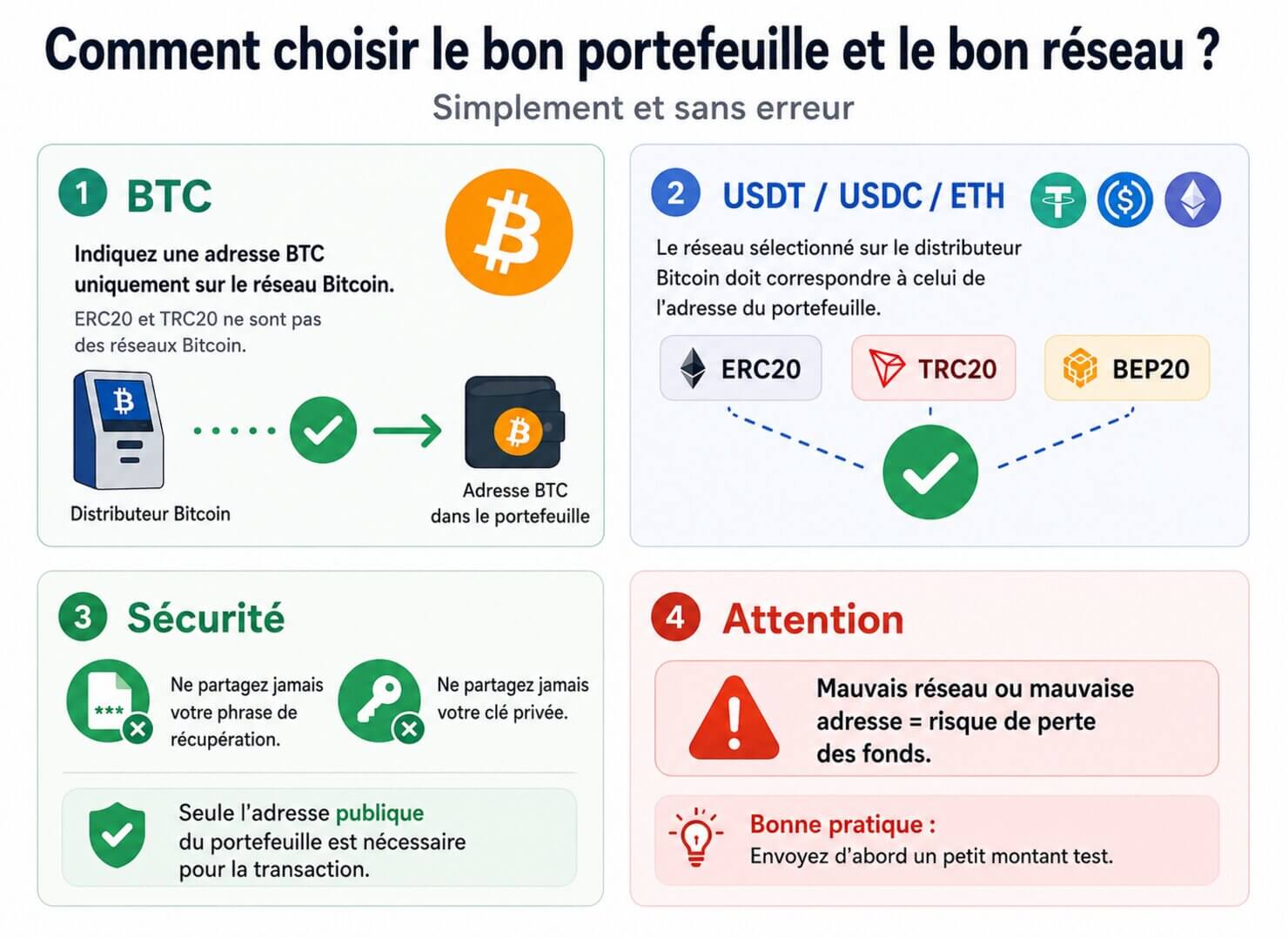 infographie expliquant comment choisir le bon portefeuille crypto et le bon réseau