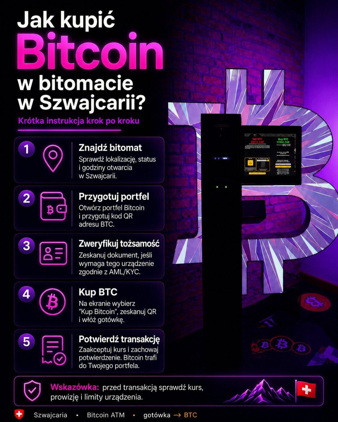 Infografika: jak kupić Bitcoin w bitomacie w Szwajcarii – instrukcja krok po kroku.