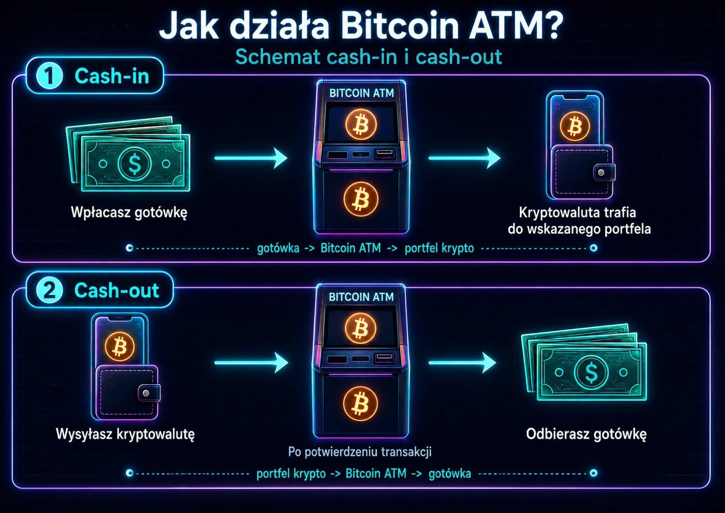 Schemat operacji kryptowalutowej w Bitcoin ATM w Szwajcarii krok po kroku