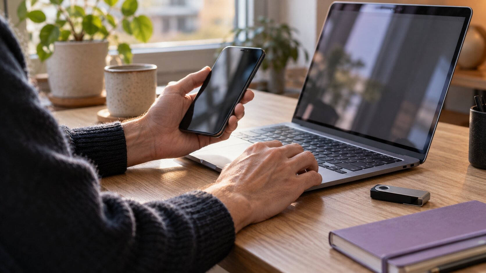 Le mani di una persona che confronta le informazioni sul cellulare e sul portatile, davanti a una scrivania ben illuminata.
