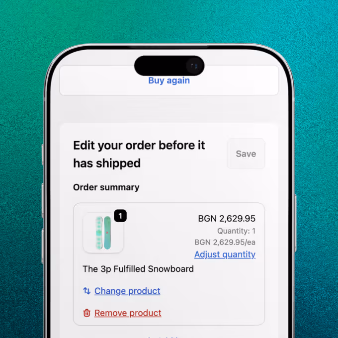 Mobile screen showing order editing interface with an option to change or remove a snowboard product before shipping.