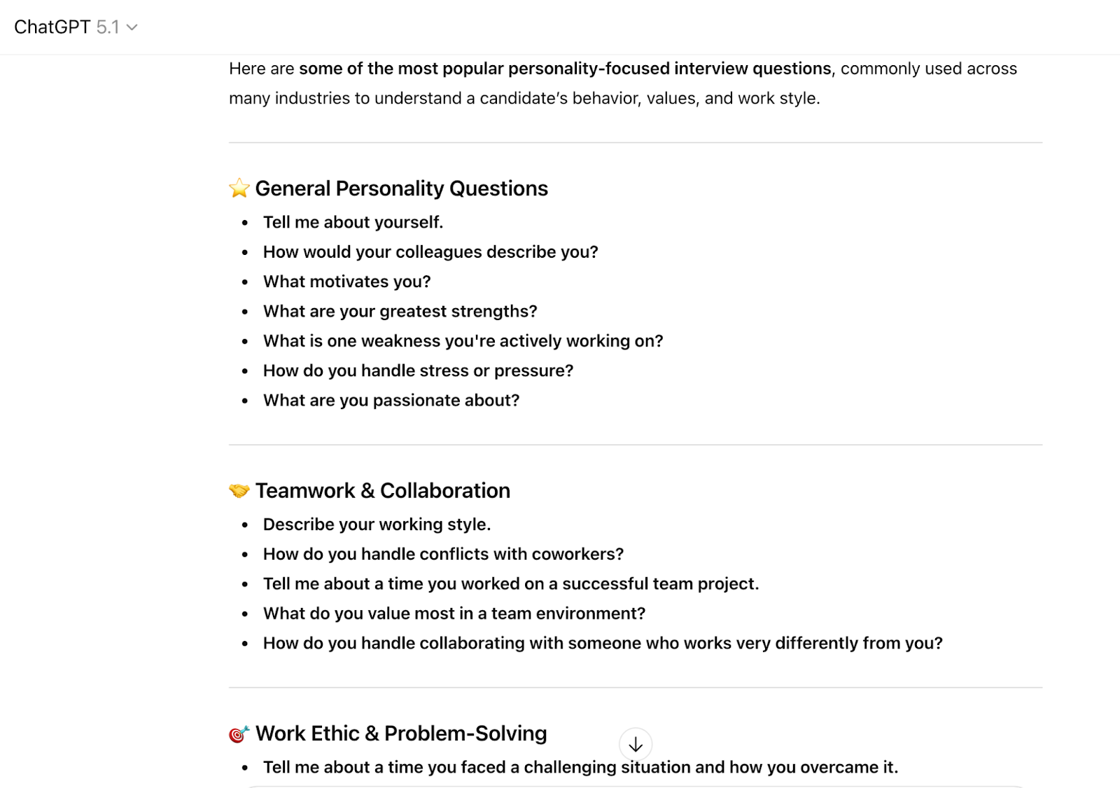 Personality interview questions from ChatGPT