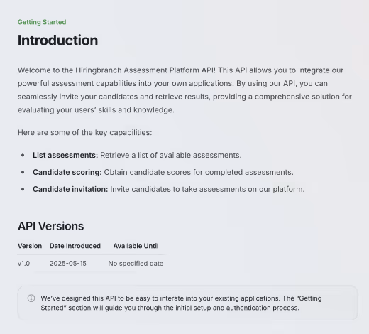HiringBranch talent assessment API information