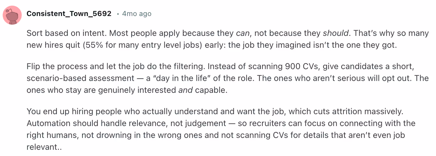 Reddit discussion about high-volume recruitment skills-based screening process
