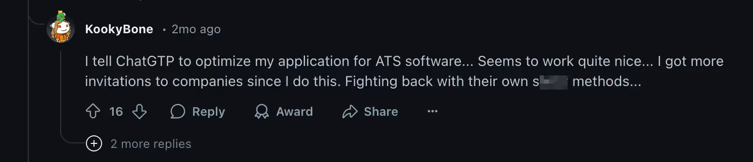 Reddit comment where user discusses using AI to optimize their job application