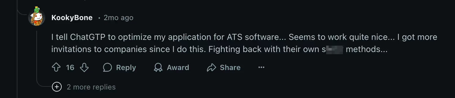 Reddit comment where user discusses using AI to optimize their job application