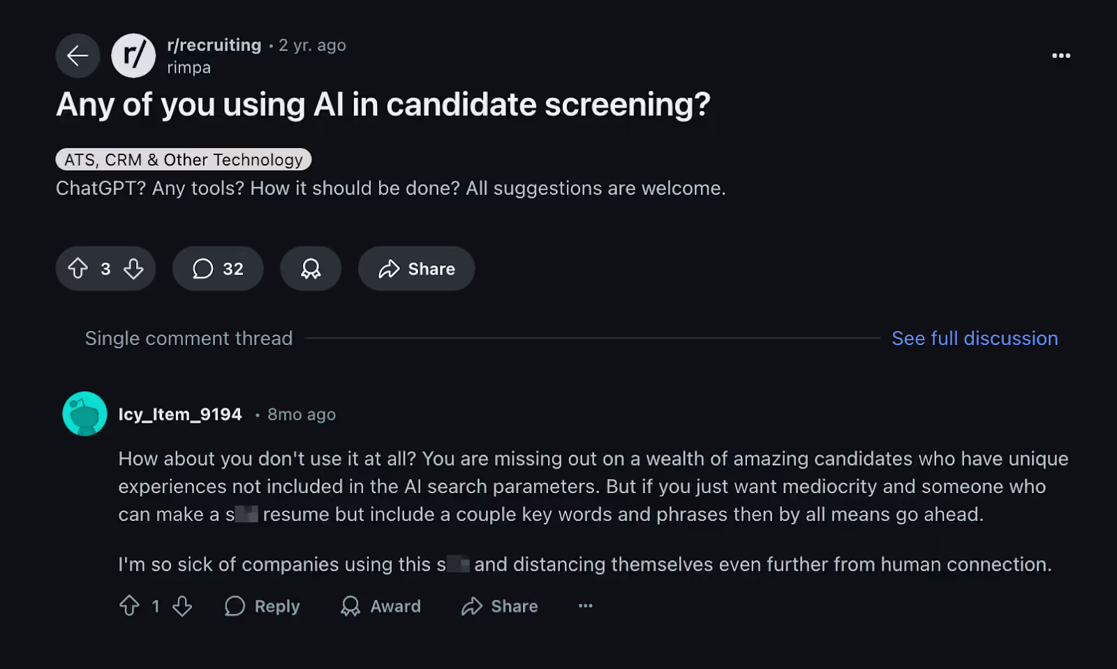 Discussion about AI candidate screening on Reddit