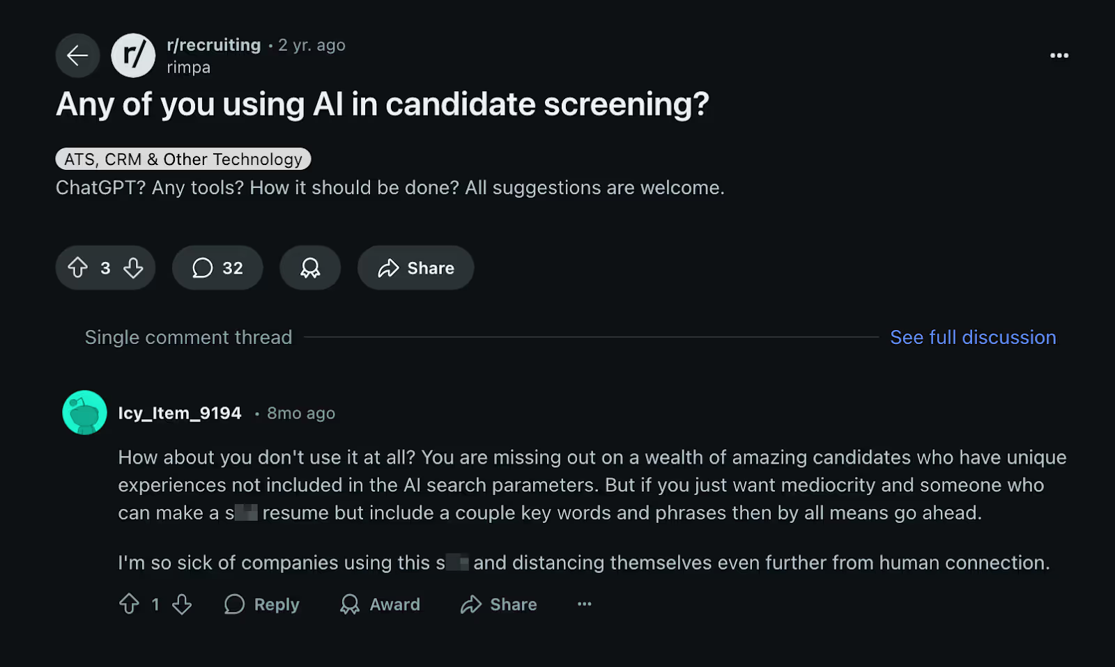 Discussion about AI candidate screening on Reddit