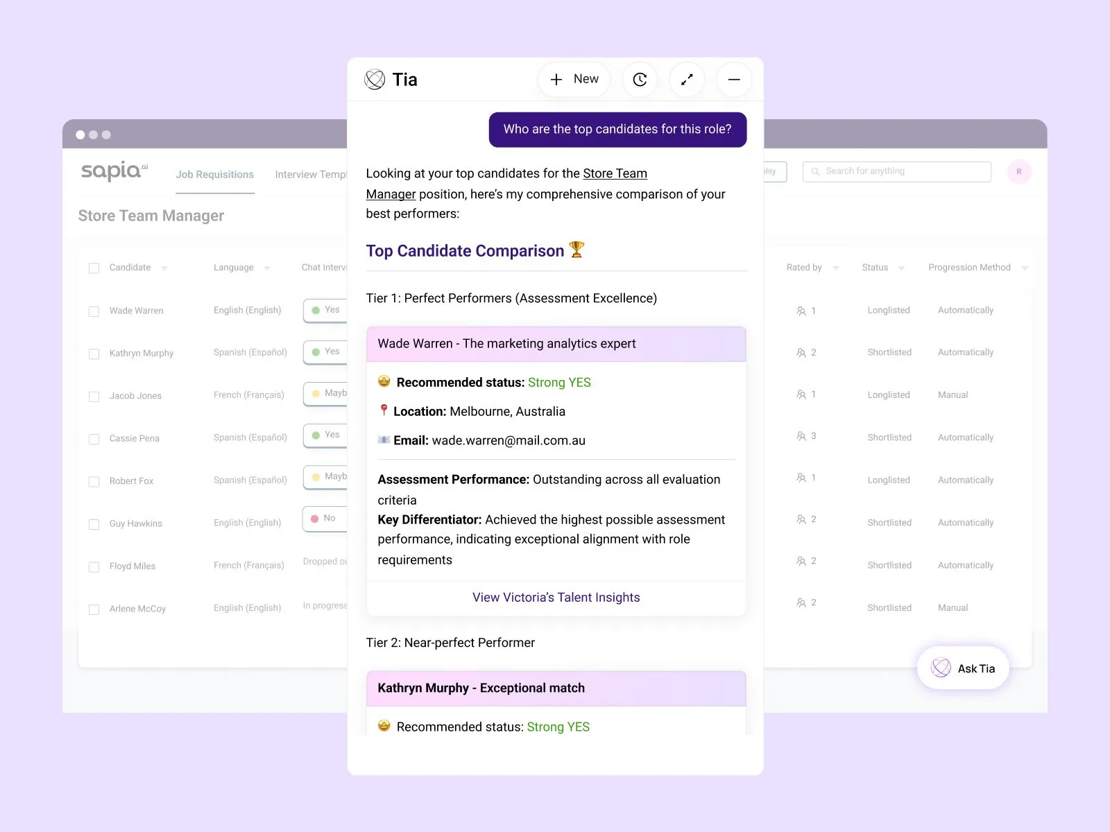 Candidate Assessment Software Sapia dashboard