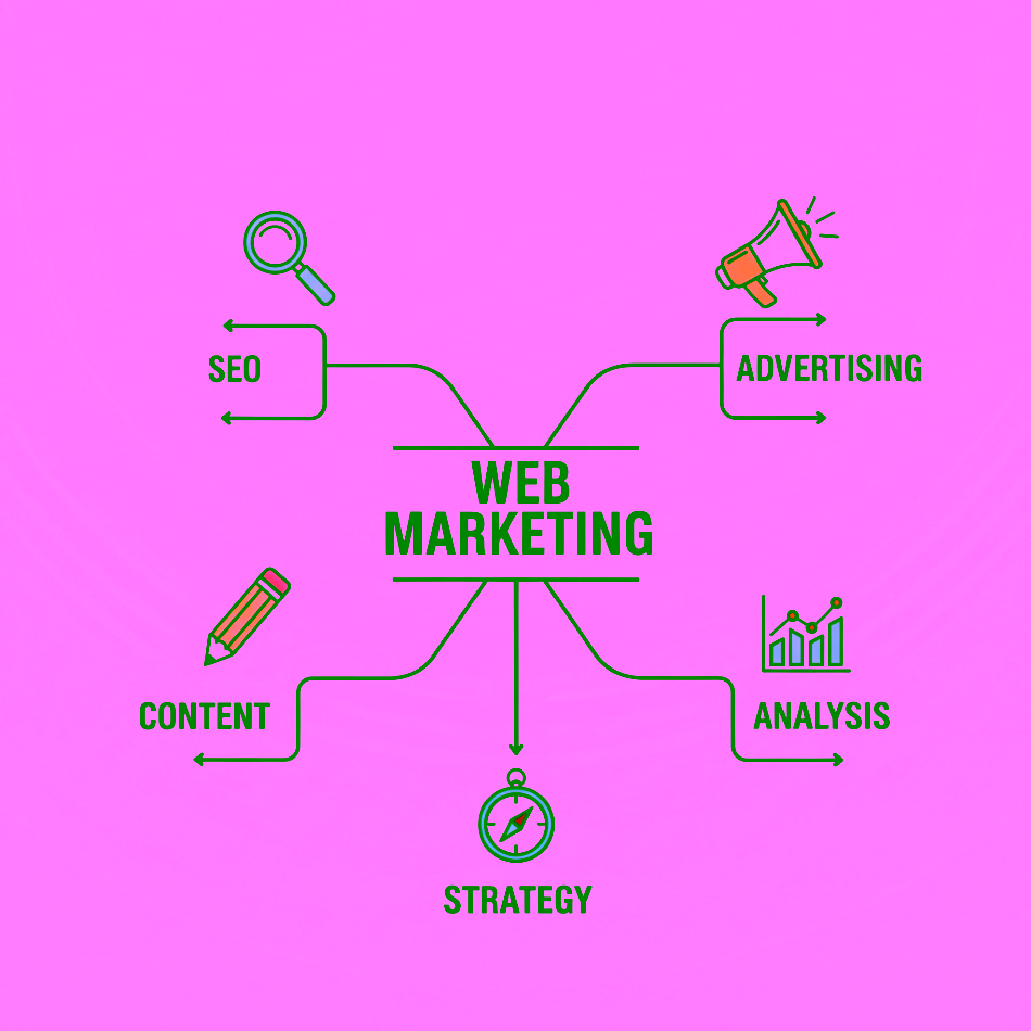 Carte des Compétences du Web Marketing : SEO, Publicité, Contenu, Stratégie et Analyse.