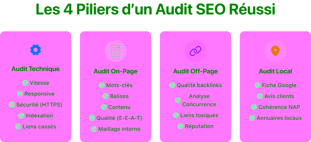 Infographie décrivant les 4 piliers d'un audit SEO réussi.