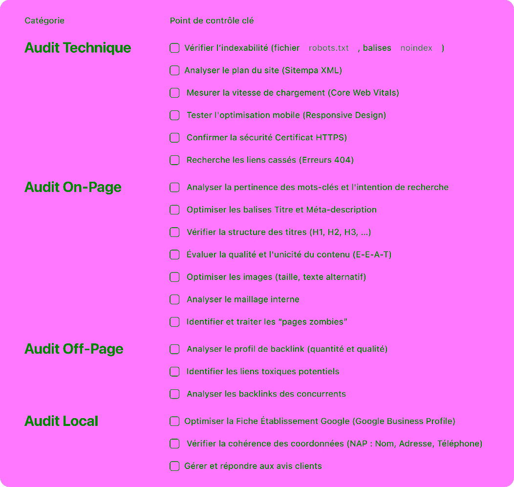 Checklist des points de contrôle clé d'un audit SEO