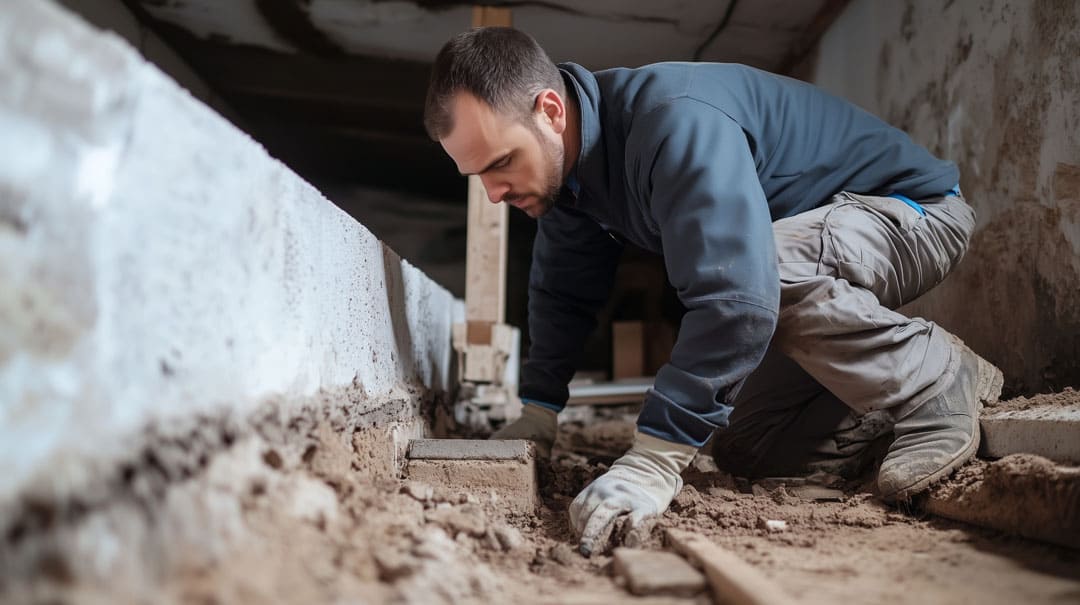Technician installing a concrete support block under a house foundation in a dirt crawl space during repair