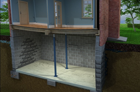 Basement showing adjustable steel support columns stabilizing a sagging floor and cracked block foundation walls.