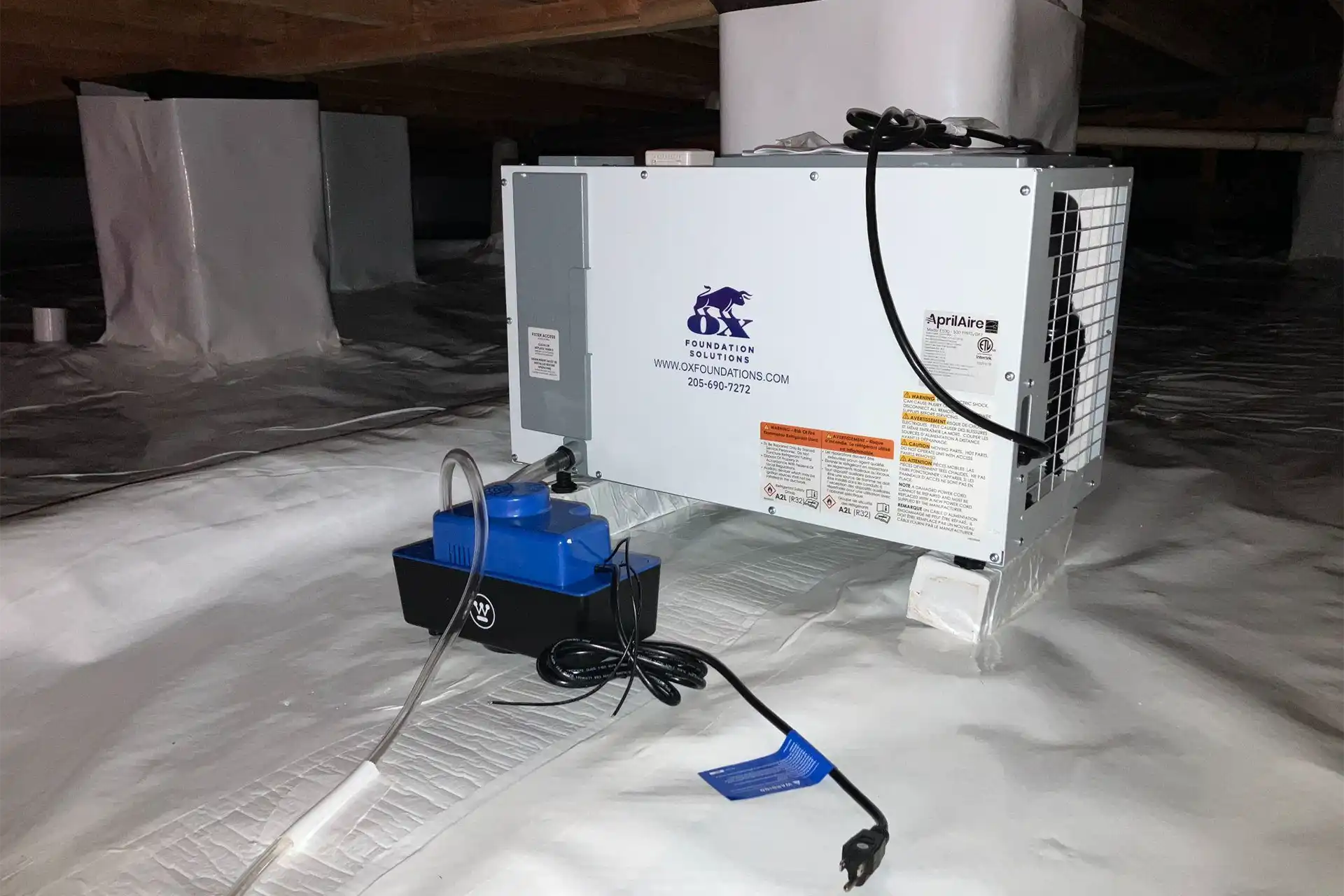 Aprilaire dehumidifier unit installed in Alabama crawl space for year-round humidity and moisture control
