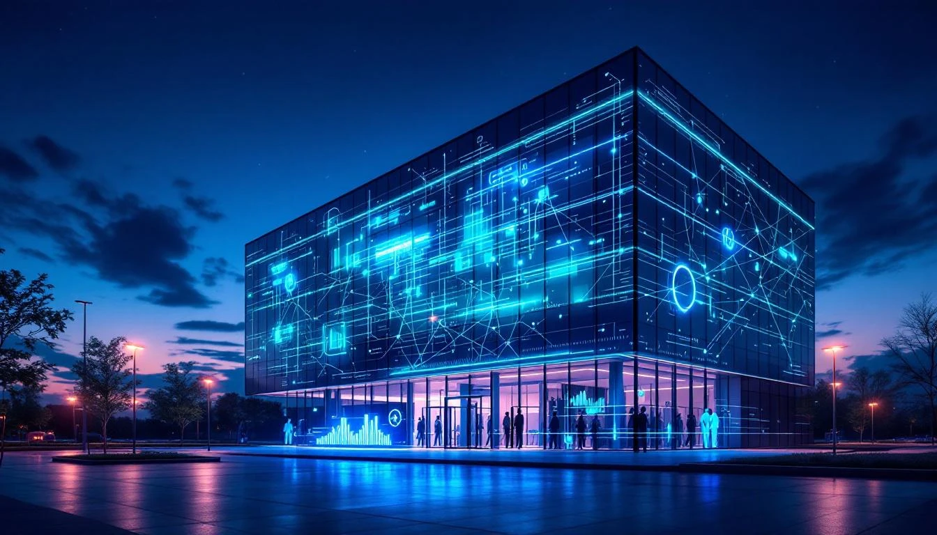 Smart commercial building with energy benchmarking dashboard overlay