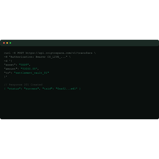 Dark API settlement dashboard with terminal windows and green code execution