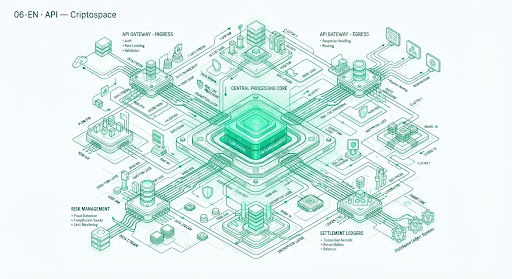 Isometric emerald line-work diagram of the Criptospace API architecture