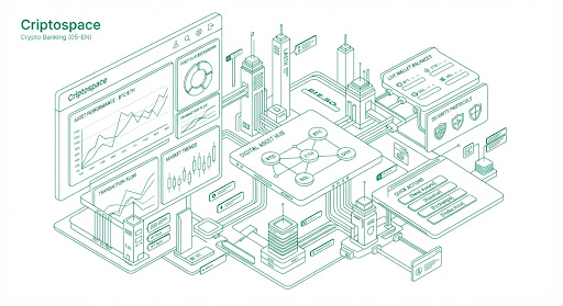 Isometric line-work illustration of a banking dashboard