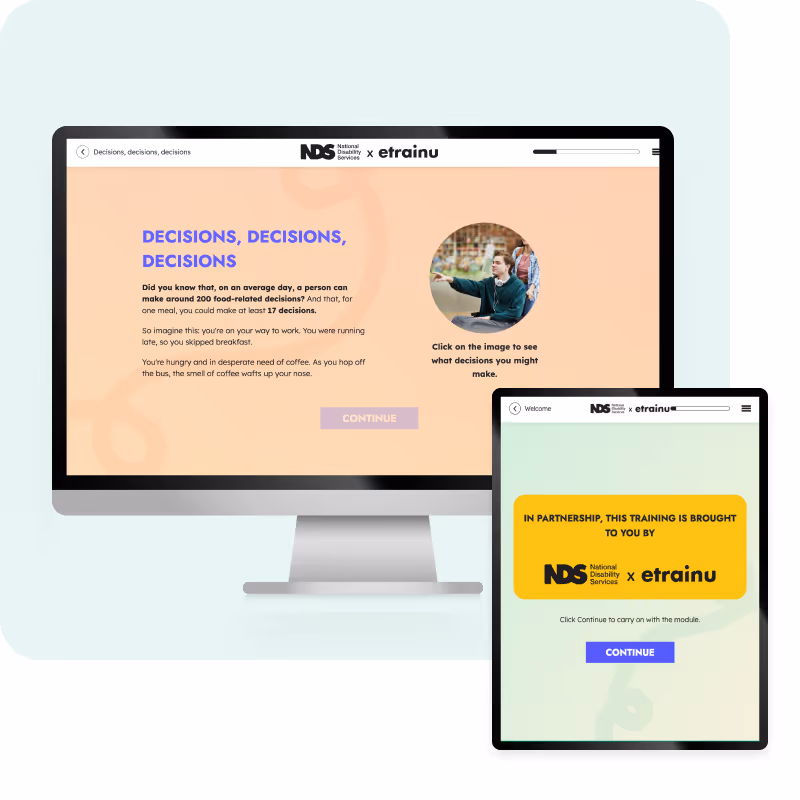 A UI mockup of a desktop with etrainu's NDS Workforce Essentials course and a tablet with a learning certificate on it