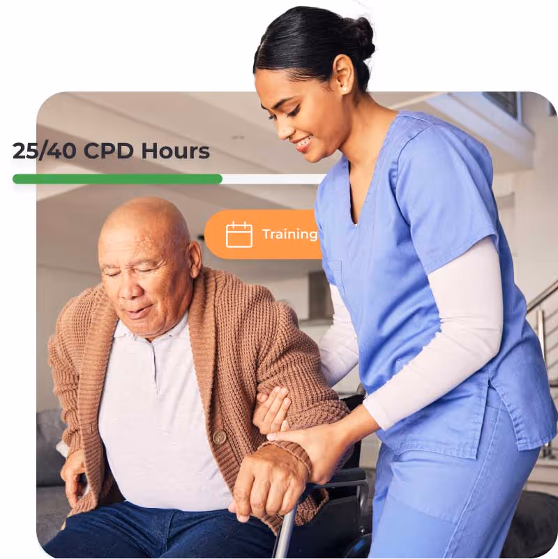 Nurse in blue scrubs assisting a seated elderly patient, with "25/40 CPD Hours" and "Training" icons overlay.