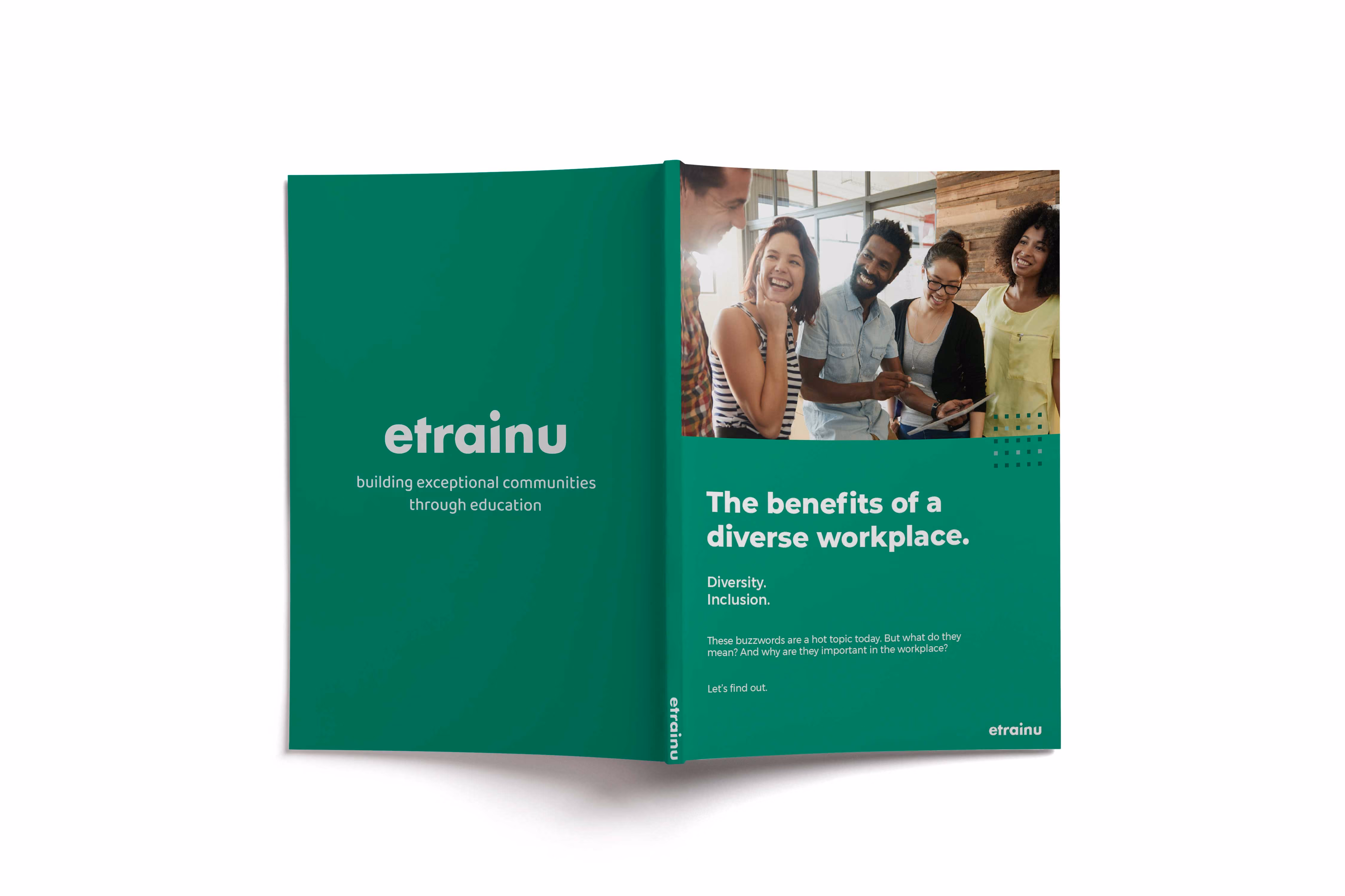 Open brochure titled 'The benefits of a diverse workplace' featuring smiling multi-ethnic group discussing with tablet.
